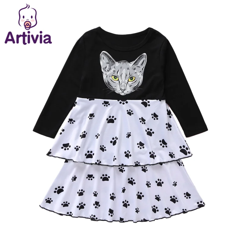 

Autumn Winter Girl Cupcake Dress Kitten Print Children Clothing Kids Dresses Long Sleeve Princess Dress Children's Clothing