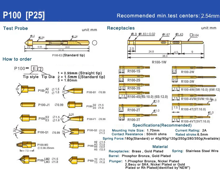 

PA100-G2 Spring Test Probe 100 / PCS Convenient And Durable Brass Metal Spring Probe Spring Test Probe Length 33.35mm