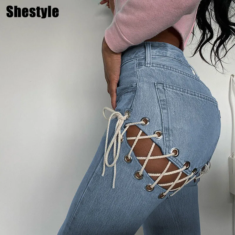 

Shestyle Women Jeans Light Blue Criss Cross Hollow Out Pockets Sexy Push Up Denim Straigh Pants 2021 Spring Trousers Fashion