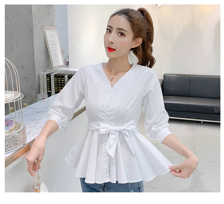 Женские рубашки с баской и длинным рукавом 2019 женские бантом на талии оборками