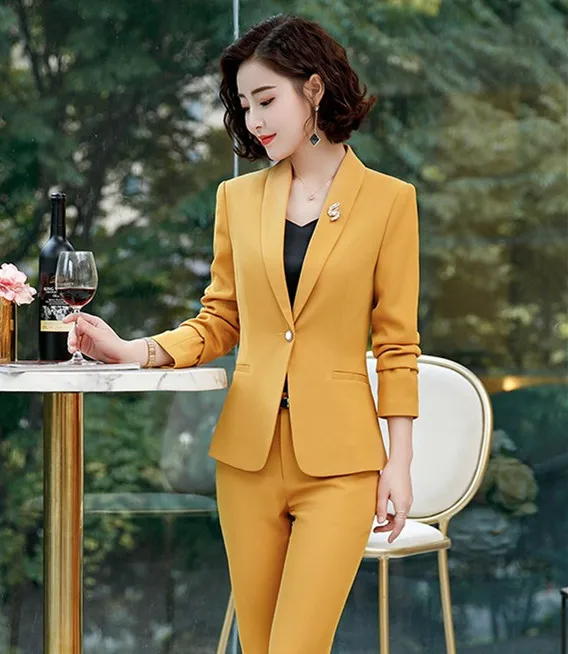 yellow pant suits Костюм женский брючный костюм женский костюмы женские женский костюм официальные для работы, Офисная Женская деловая форма, осенне-зимние костюмы со штанами, Женский комплект из 2 предметов, блейзер и брюки - Цвет: yellow pant suits