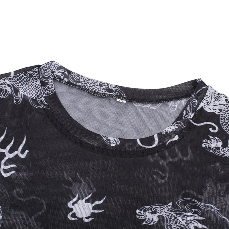 

2021 Fashion Trend Women Spring Sexy T-shirt Adults See-through Dragon Print Long Sleeve Round Neck Mesh Pullover Tees Slim Tops