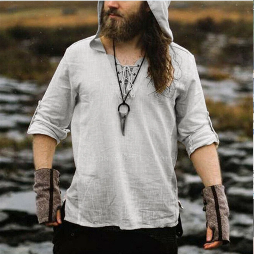 Man Retro Medieval Pirate Viking Cosplay Shirt Vintage Casual Male Hooded Knight  Linen Renaissance Nordic Tunic Bandage T-shirt