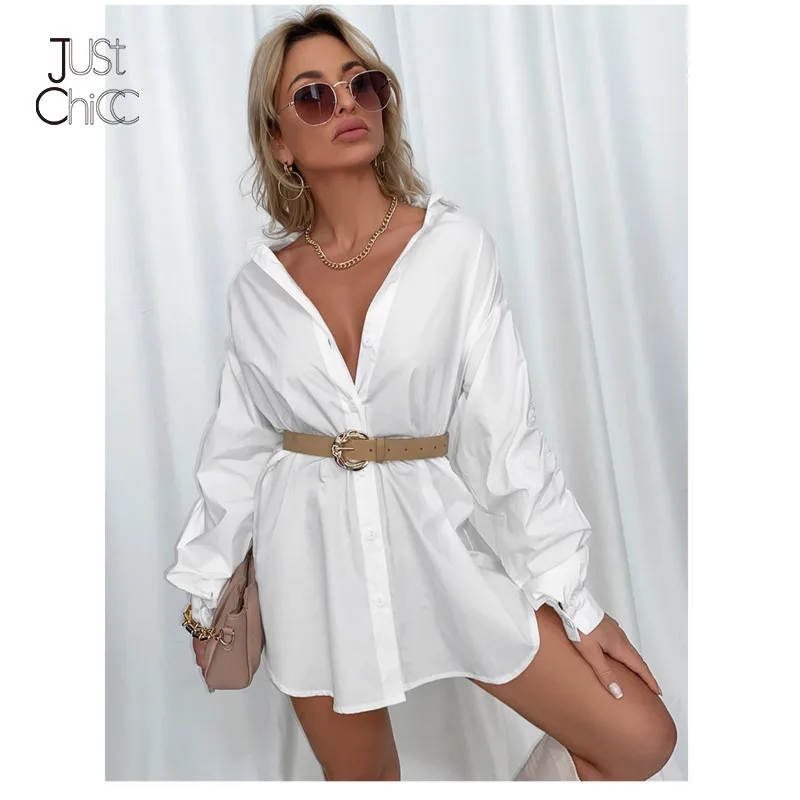

Justchicc Ruched Solid Button White Casual Mini Dress Women High Waist Autumn Date Loose Dresses V Neck Soft Sexy Party Vestidos