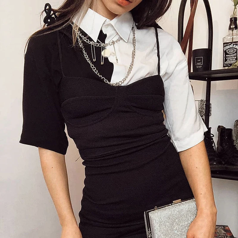 

MIOFAR Summer Black and White Stitching Women Cardigan Ladies T-shirt Casual Fashion Single-breasted Short-sleeved Shirt T-shirt
