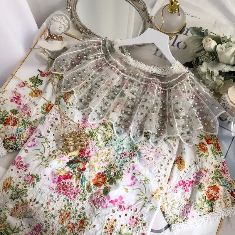 

2021 Summer Streetwear European Organza Floral Beaded Mid-Length Ladies T-shirt Dress Women Oversized Loose Fashion Mini Dress