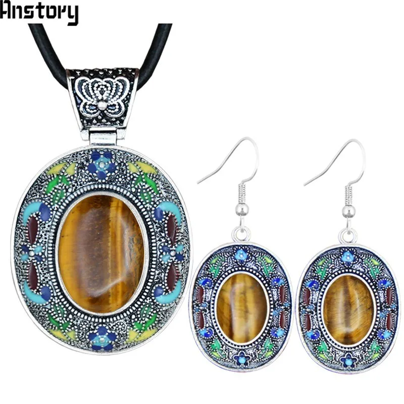 Ювелирные наборы с натуральным тигровым глазом ручная роспись цветочный завод