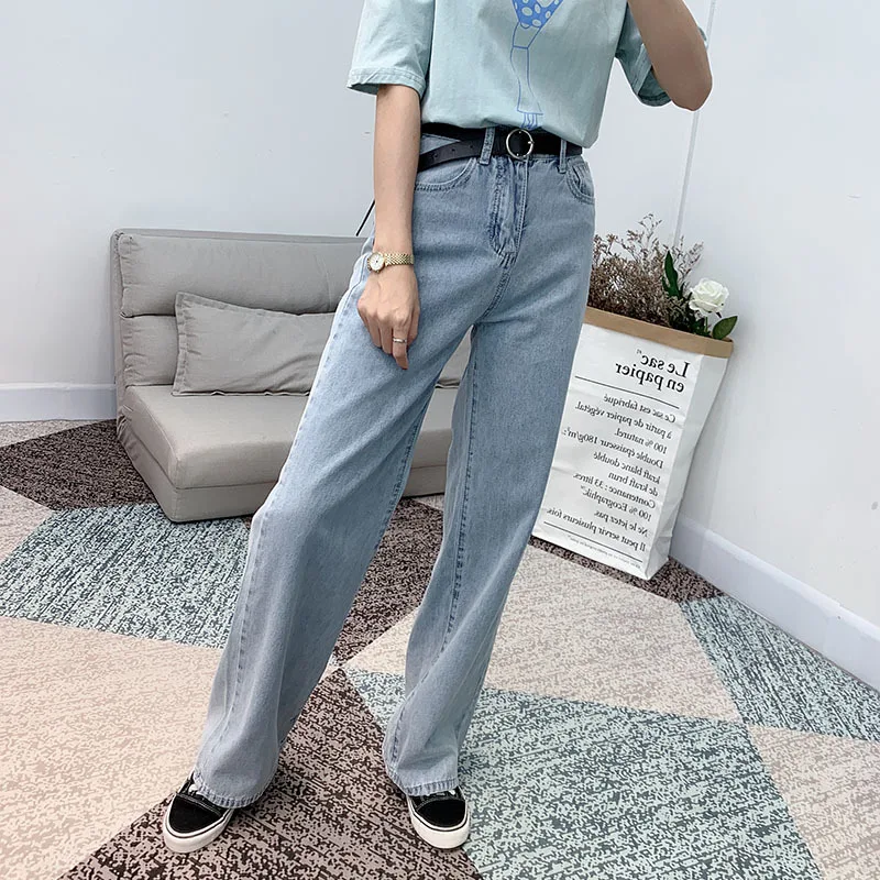 

2021 Summer Women's Thin Denim Wash High Waist Casual Loose Floor Wide Leg Pants Light Color Jeans