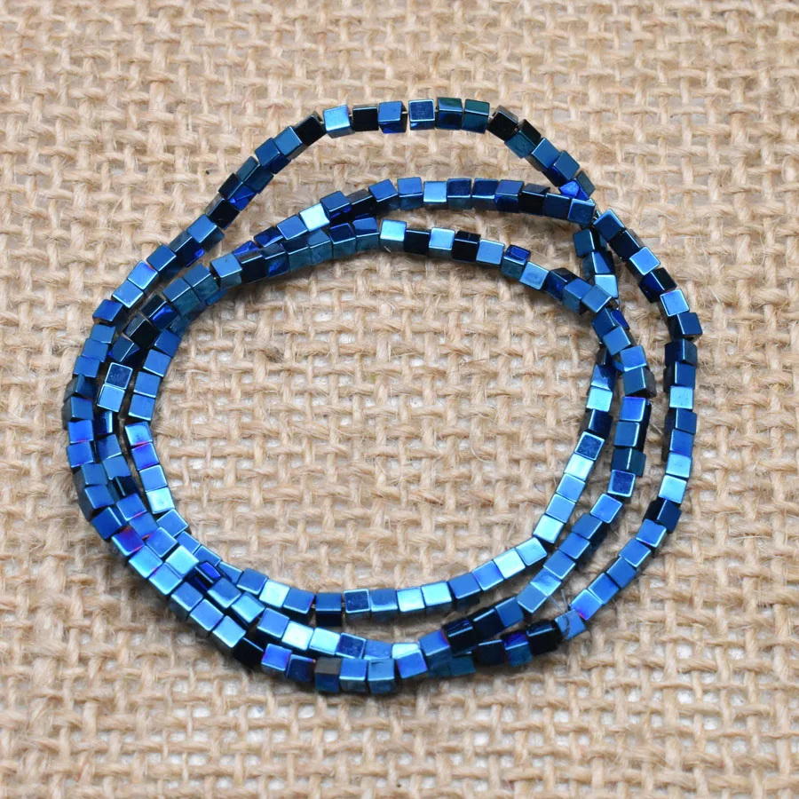 1- Blue 2/3/4mm Gold/Silver Color Plating Coated Natural Stone Hematite Cube Square Loose Spacer Beads For Diy Jewelry Marking 15" - Цвет: 1- Blue