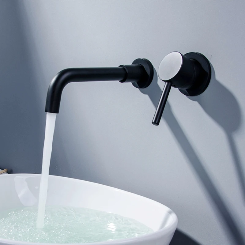 

Modern Brass Wall Basin Mixer Tap Bathroom Kitchen Sink Faucet Swivel Spout Bath With Single Lever in Matt Black Set