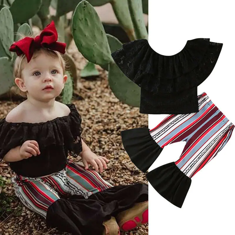 2 шт. кружевная футболка с открытыми плечами и длинные брюки клеш|Комплекты