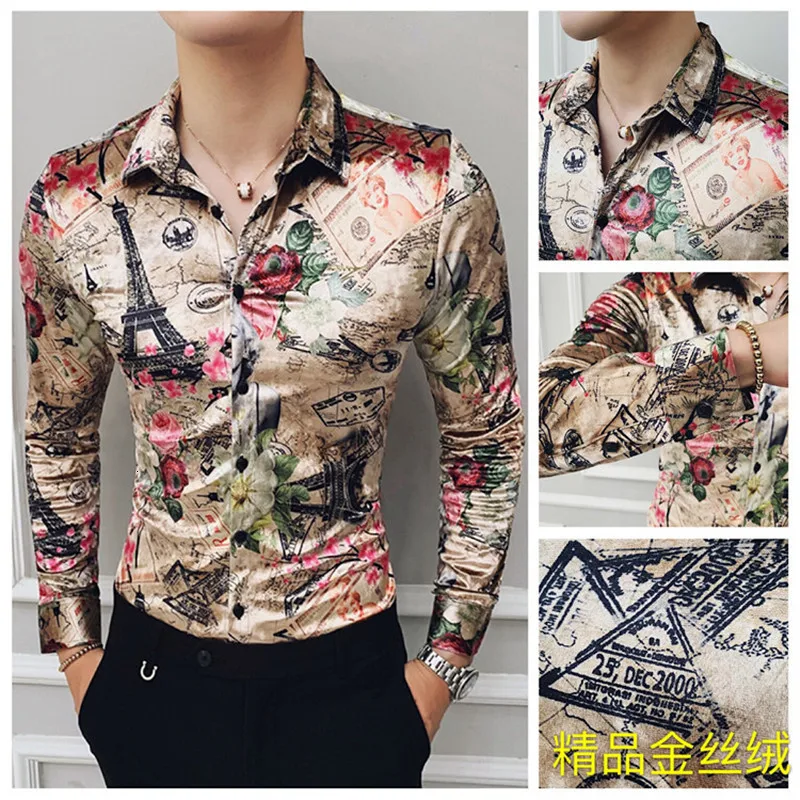 

Print Fashion Flannel Clothing Winter Stylish Party Dress Long Sleeves New Shirts Casual Baroque Velvet Shirts Mens Silk Shirts