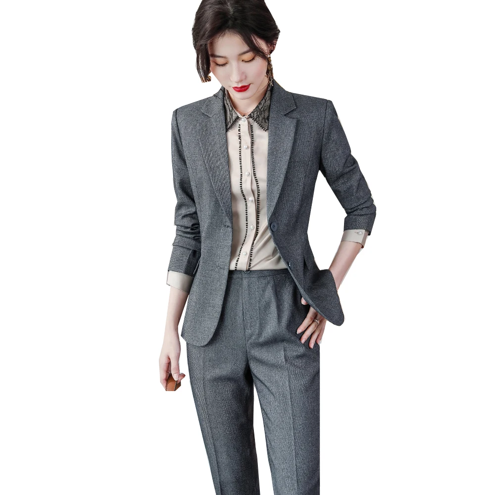 New Office Ladies Women Slim Formal Pant Suit For Work Female Long Sleeve Gray Black Solid Two Piece Set Blazer and Trousers