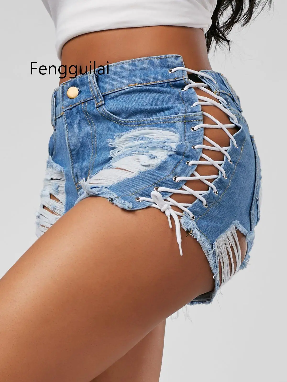 

FENGGUILAI Hot Solid Lacing Women Denim Shorts New Hole Short Slim Sexy Bandage Jeans Shorts Female Ripped Short Pants