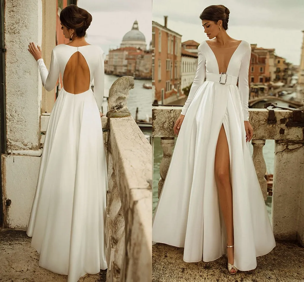 

2021 Fashion Sheer V Neck White Evening Dress Sexy Slit Sashes Floor Length Long Sleeve Backless Prom Party Gowns Vestidos