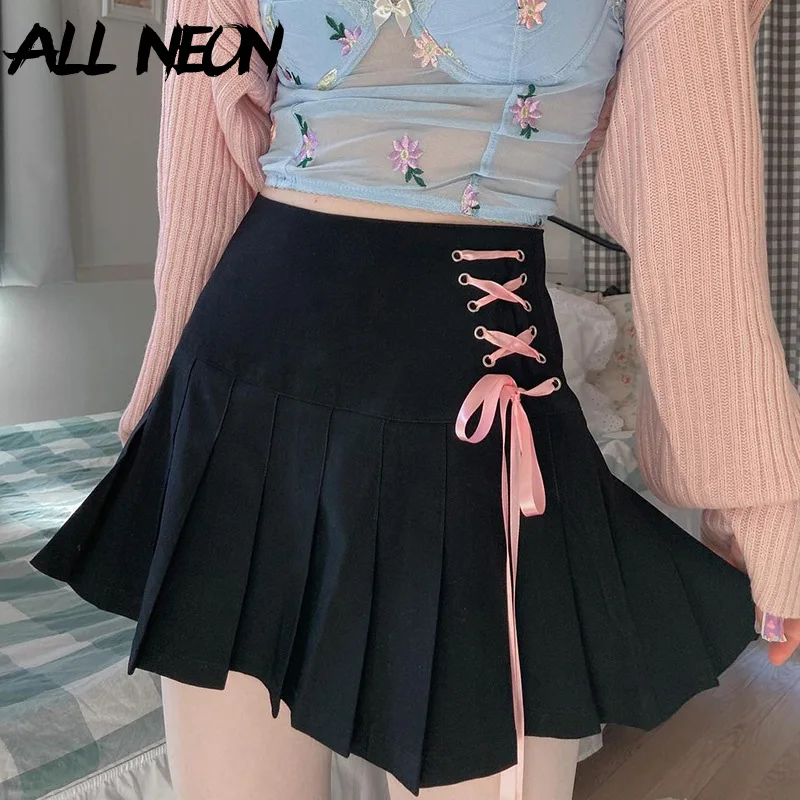 

ALLNeon пастельный, готический Kawaii кружевная отделка черные плиссированные юбки Y2K уличная одежда милая трапециевидная мини-юбка с высокой тал...