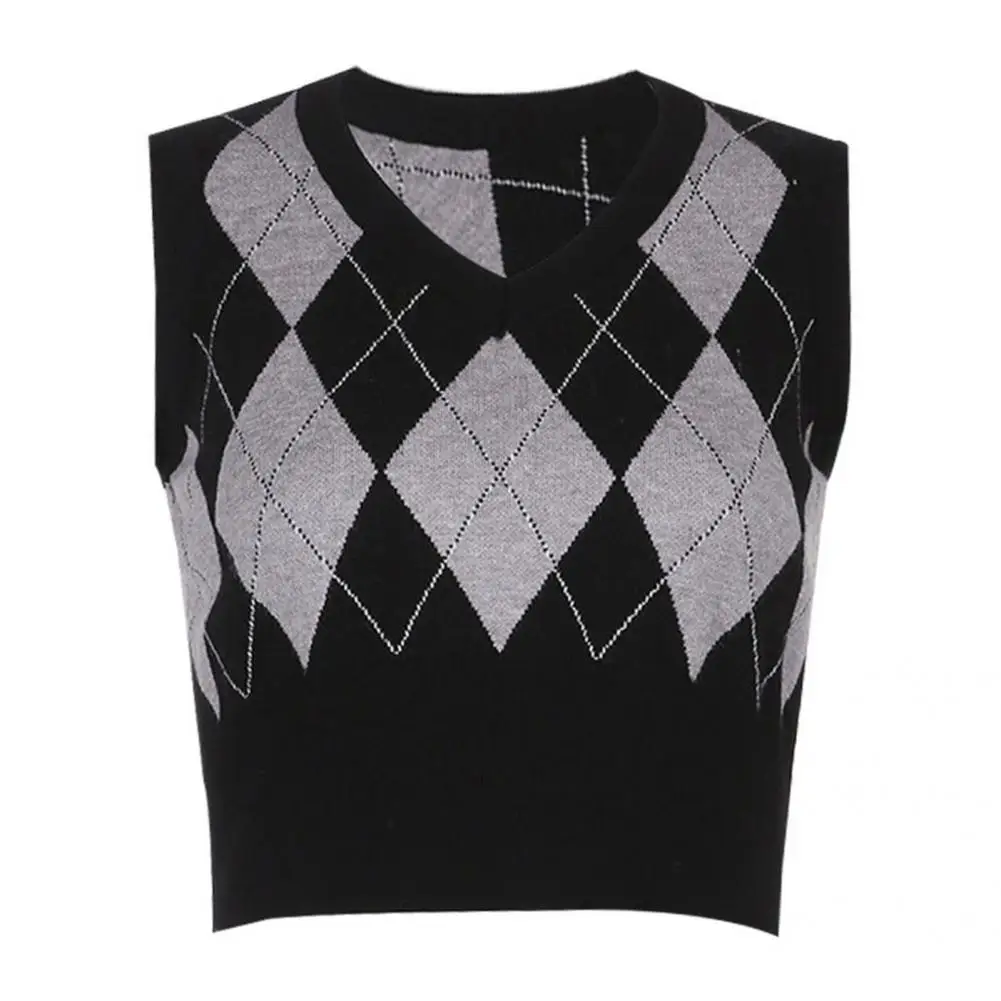 Стильный вязаный Топ Женский студенческий жилет короткий свитер с ромбовидным