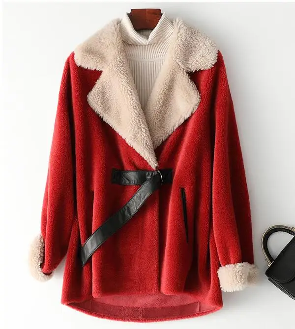 red Пальто из натурального меха, овчина, мех, Осень-зима, куртка, женская одежда,, корейский стиль, Короткое шерстяное пальто, Abrigo Mujer ZT1433 - Цвет: red