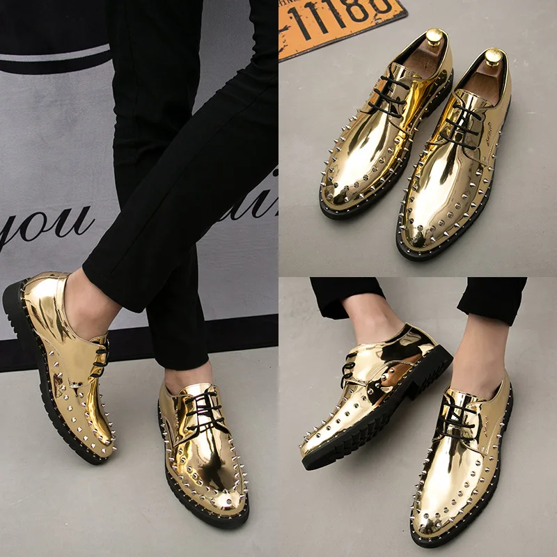 Туфли мужские из лакированной кожи европейские блестящие с заклепками Мокасины