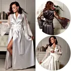 Халат-кимоно Женский Шелковый атласный, пикантная одежда с цветочным кружевом и длинным рукавом, свадебная одежда для сна и подружки невесты, осень 2018