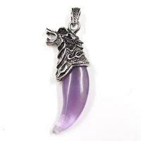 fyjs unique silver plated wolf head amethysts stone pendant for gift black agates charm jewelry