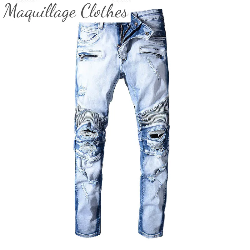 

Men's High Street Ripped Denim Trousers Washed Destroyed Distressed Jeans Pants For Male Size 29-42 Straight