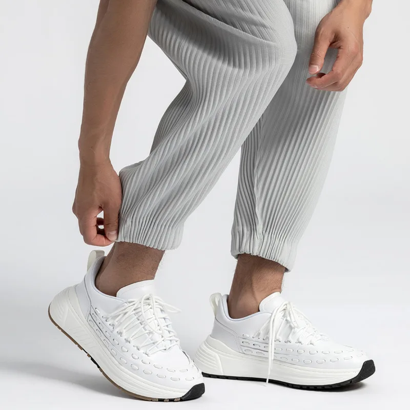 

IEFB /men's wear Japanese trousers hot pressing pleated pants drawstring elastic waist closed bottoms ankle-length pants 9Y3284