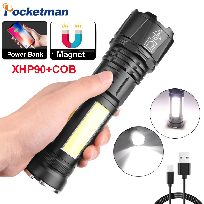 

Фонарик 2021 XHP90, 5 режимов освещения, светодиодный фонарь, USB, перезаряжаемый, тактический фонарик с боковым освещением, с батареей 26650