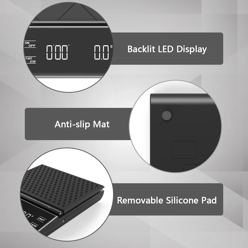 

Coffee Scale with Timer Digital Kitchen Scale LED Display Tare Function 3000g/ 0.1g Portable Electronic Scale Grams and Oz