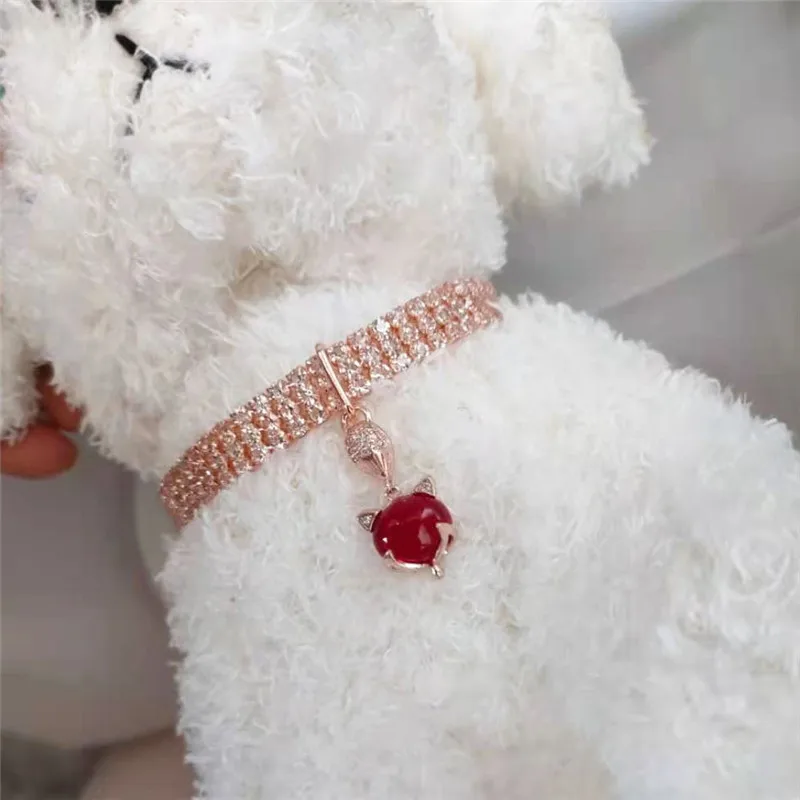 

Ожерелье Стразы для кошек и собак, модные аксессуары для домашних животных, подвеска-ошейник из красной лисы и циркония, товары для щенков