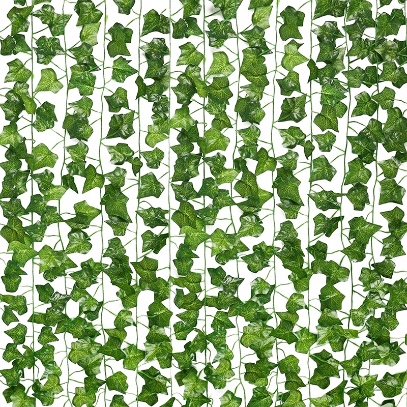

12pcs Ivy Green Fake Leaves Garland Artificial Plant Vine Foliage Party Wall Decor Hanging Plastic Rattan String Home Accessory