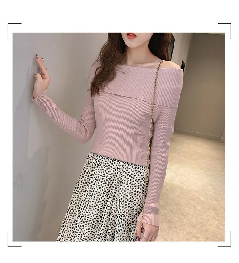 

2020 Women's Autumn Winter Show Thin One Character Large Lapel Sweater Women Off Shoulder Elegant Versatile Personalized Sweater