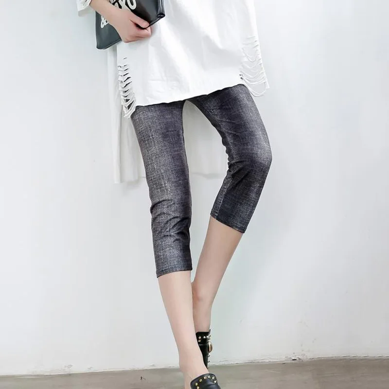 

VISNXGI Workout Leggings Women Polyester Female Black Plus Size Pants Push Up Mid-Calf Fitness Imitation Cowboy Print Jeggings