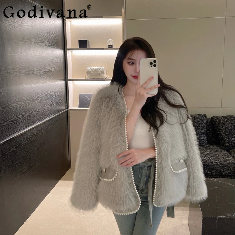 

Women Korean Fox Fur Coat 2021 Autumn Winter Pearl V Neck Thickened Coat Female High Fashion Long Sleeve Casual Jacket