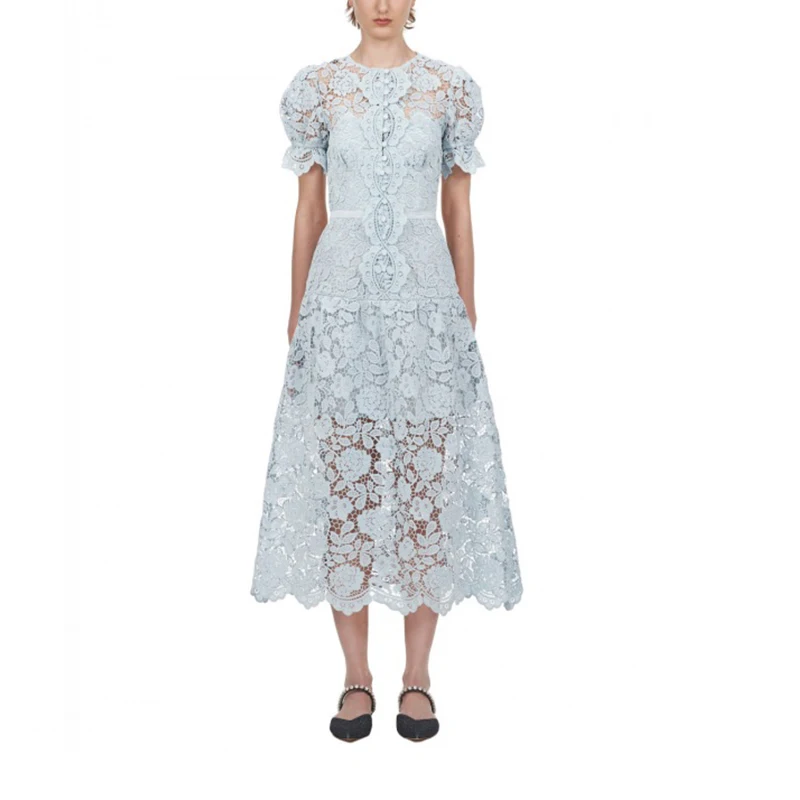 Женское платье средней длины с коротким рукавом и круглым вырезом Синий