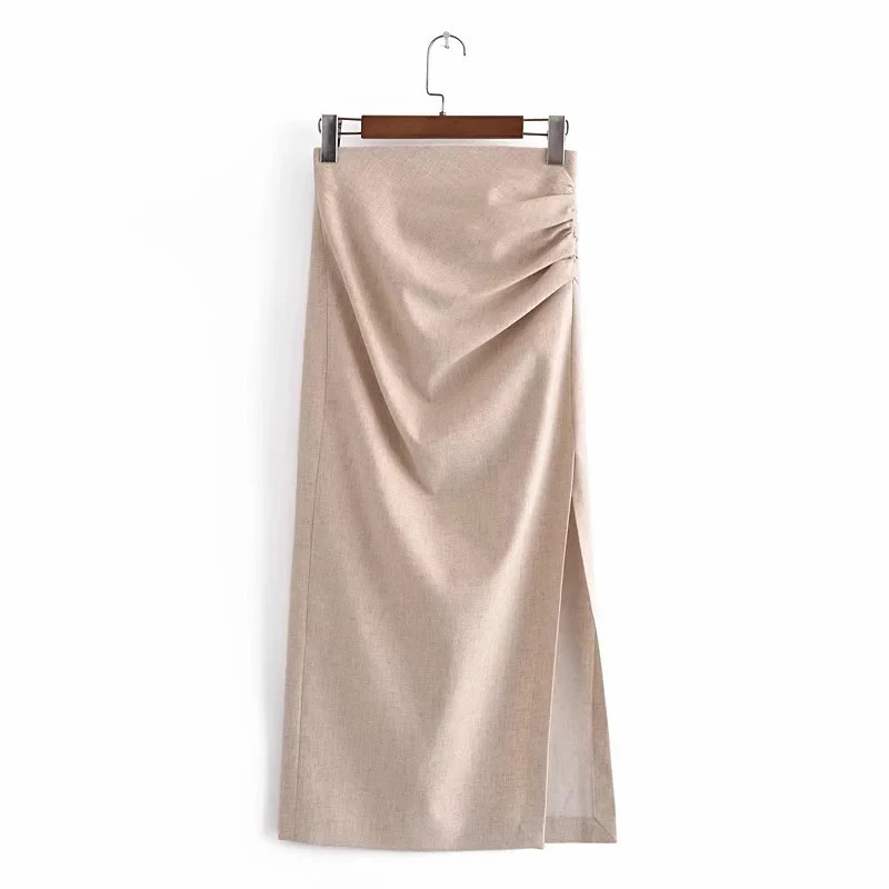 

Pleated Side Split A-line Women Midi Skirt High Waist Package Hips Zippers Solid Female Skirts 2021 Spring Elegant Lady Bottoms