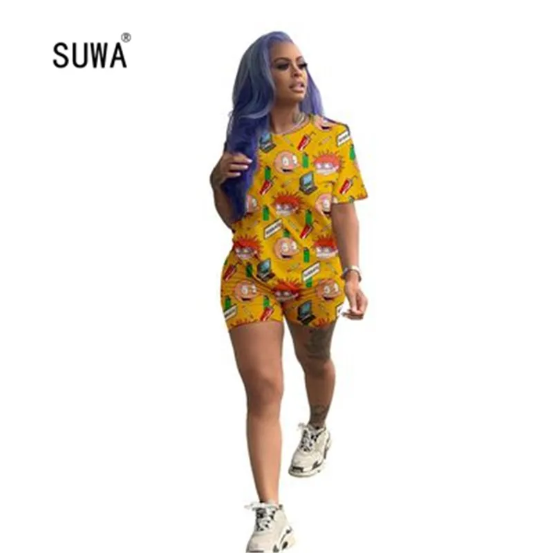 

Lovely Cartoon Print Two Piece Set Casual Women O Neck Short Sleeve Pocket T-Shirt + Shorts Home Wear Femme Tracksuit 6 Color