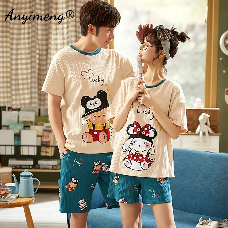 

Texture Fabric Pijamas Mens and Womens Couple Loungewear Kawaii Cartoon Printing Summer Two Pieces Loungewear Cotton Pyjamas Set