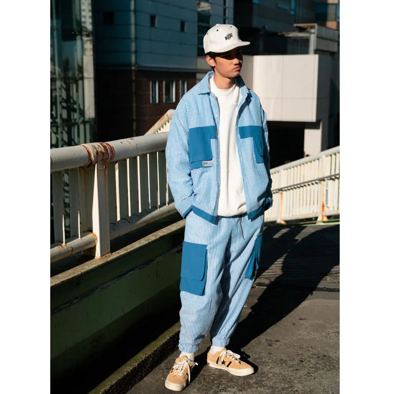 Мужской брючный костюм в стиле хип хоп темно синяя повседневная куртка карго