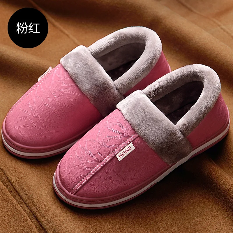 pink full Женские тапочки; кожаные зимние домашние тапочки с мехом; водонепроницаемые женские теплые плюшевые тапочки; pantoufle femme; размера плюс - Цвет: pink full