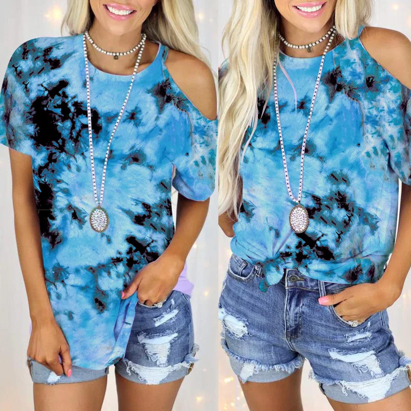 

New Summer Sexy Strapless T-shirt Women Tie Dye Print Short-sleeved Female Tshirts O-neck Casual Ladies Tops Women T-shirts