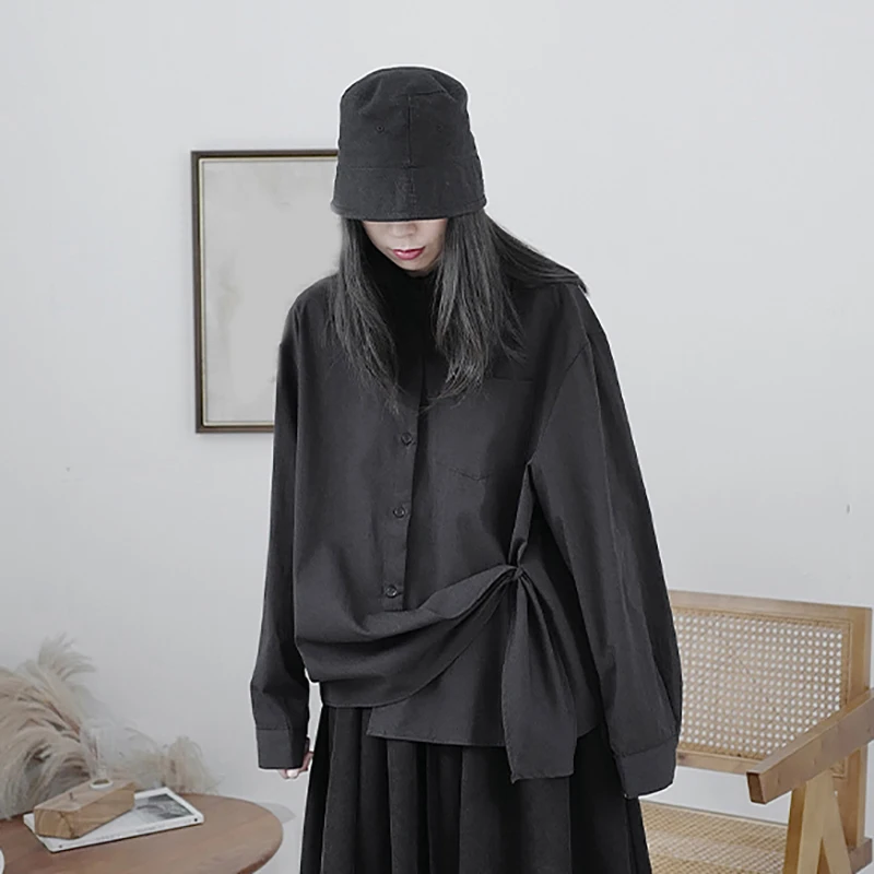 

White Big Women Size Irregular Knot Blouse New Lapel Long Sleeve Loose Fit Shirt Fashion Tide Spring Autumn 2021 1DD1292