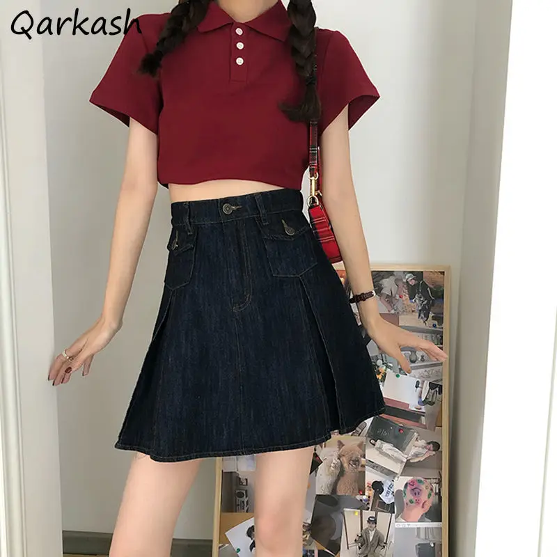 

Denim Skirts A-line Mini Pockets Black Summer Sexy Slender All-match Sweet Girls Pleated Harajuku Women Faldas Chic Ulzzang Ins