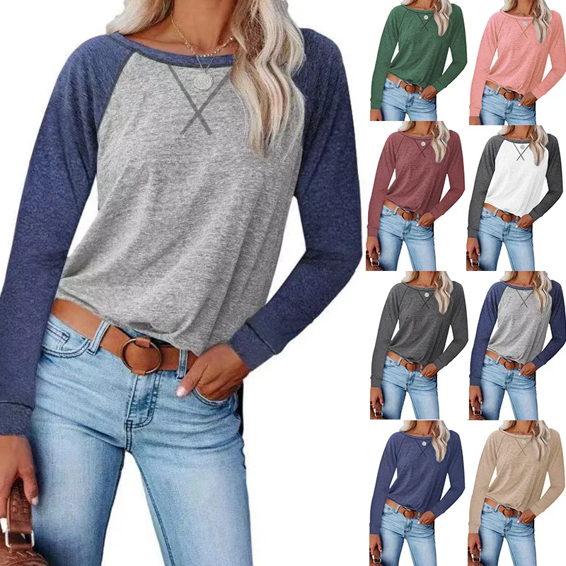 

Women's Contrasting Color Cross Loose Top Long Sleeve Casual T-Shirt