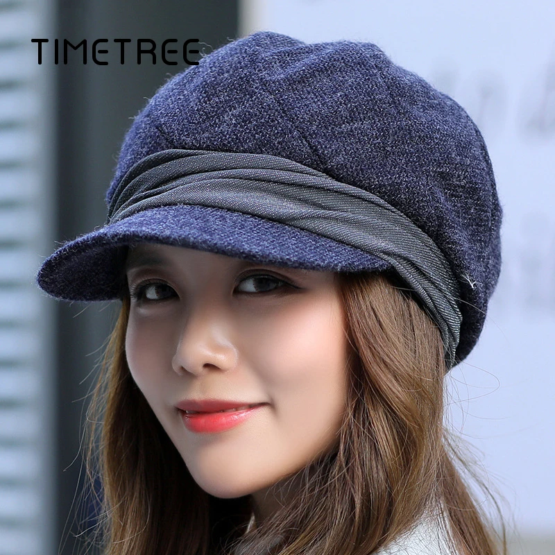 Модные шикарные шапки женские зимние шерстяные берет шляпа темно-синие мягкие