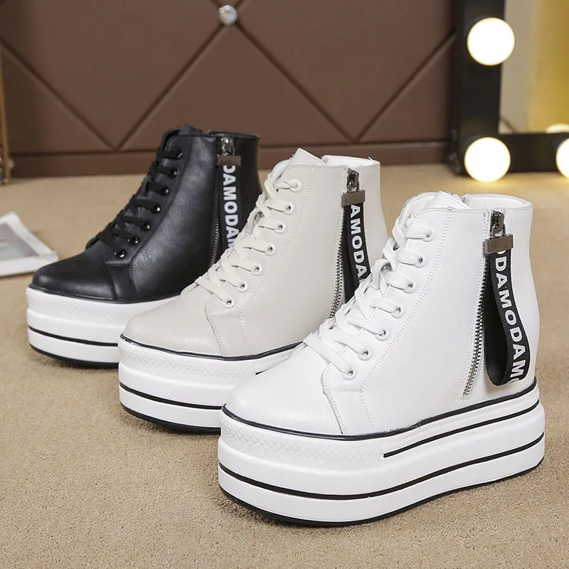 

Platform Sneakers Women Spring Thick Bottom Wedges Vulcanized Shoes 9CM High Heels Ladies Footwear PU Leather Female Shoes 2021
