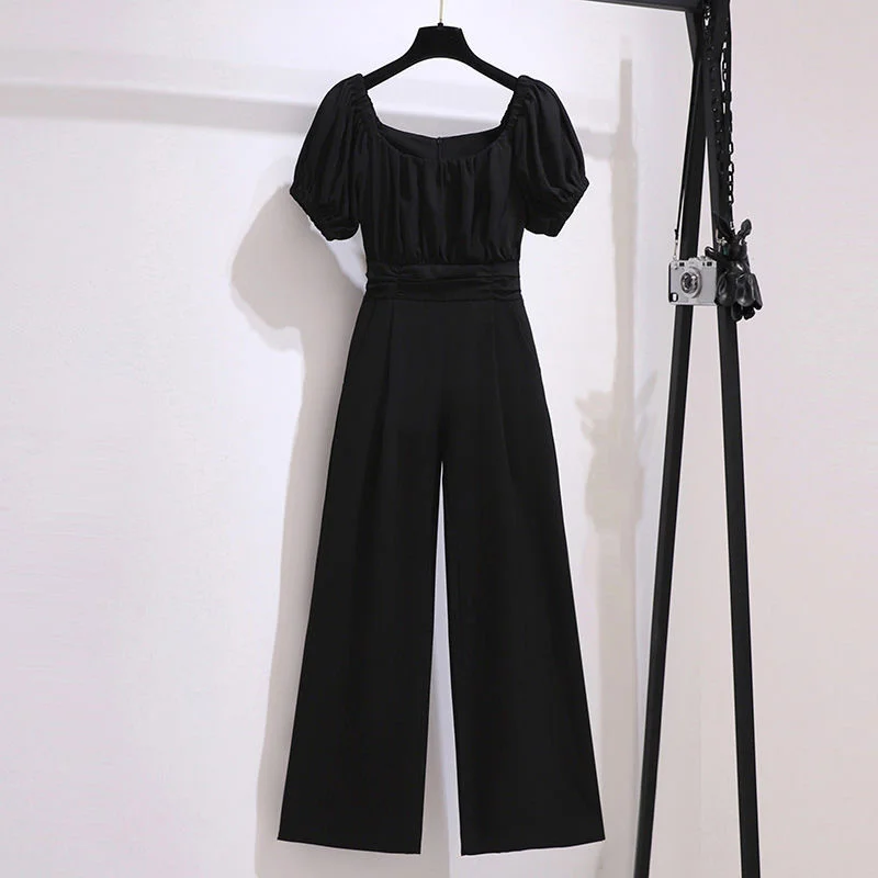 2022 Women Jumpsuit Romper Short Sleeve Square Neck Casual Playsuit Overalls Ladies Wide Leg Loose Black Playsuit 5XL