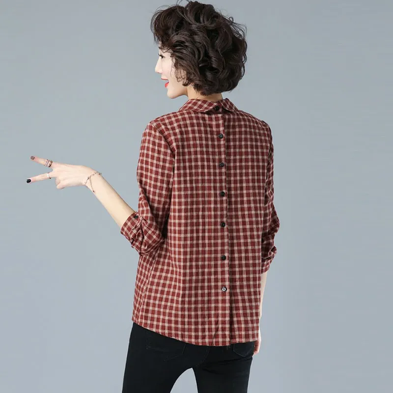 

Plus Size Women Cotton Linen Casual Shirts New Arrival 2021 Spring Simple Style Vintage Plaid Loose Female Long Sleeve Tops D001