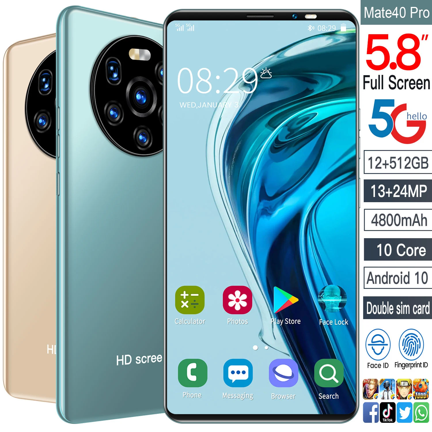 

Global Version Mate40 pro Smartphone 4800mAh 5.8Inch Dual SIM Dual Standby Support Face ID 12GB+512GB 4G 5G Android10 CellPhones