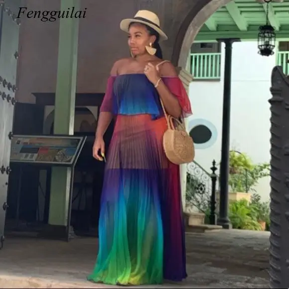 

Off Shoulder Rainbow Color Elegant Women Dress Chiffon Summer Maxi Dress A-Line Floor Length Femme Pleated Dress